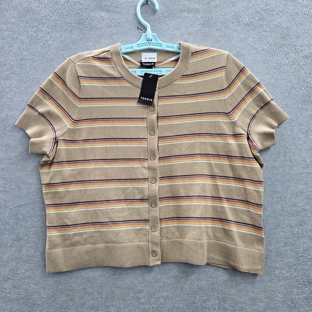 Torrid Women Sweater 00 Brown Cropped Cardigan Striped‎ Short Sleeve NWT